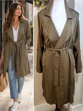 Carly Jean LA Olive Lightweight Trench Jacket Tie Waist Size Large💚